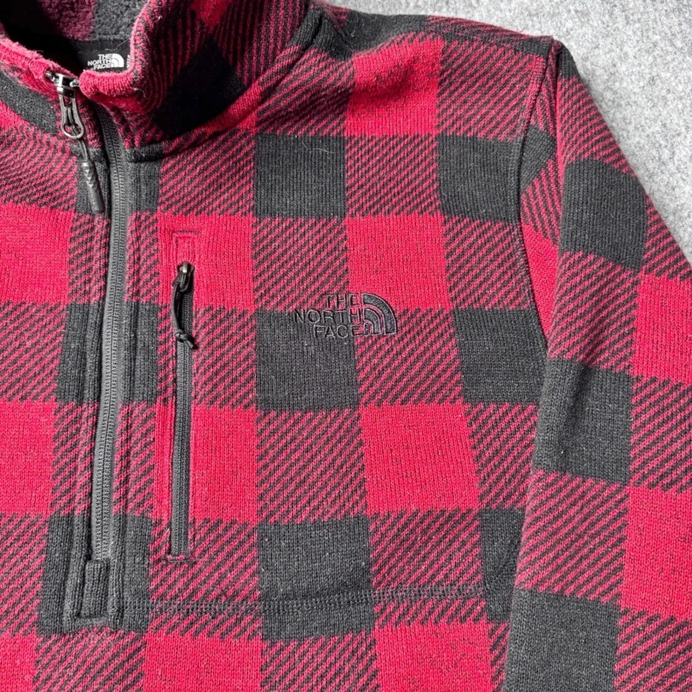 The North Face Mens XL Red Black Buffalo Plaid‎ Quarter Zip Fleece Jacket